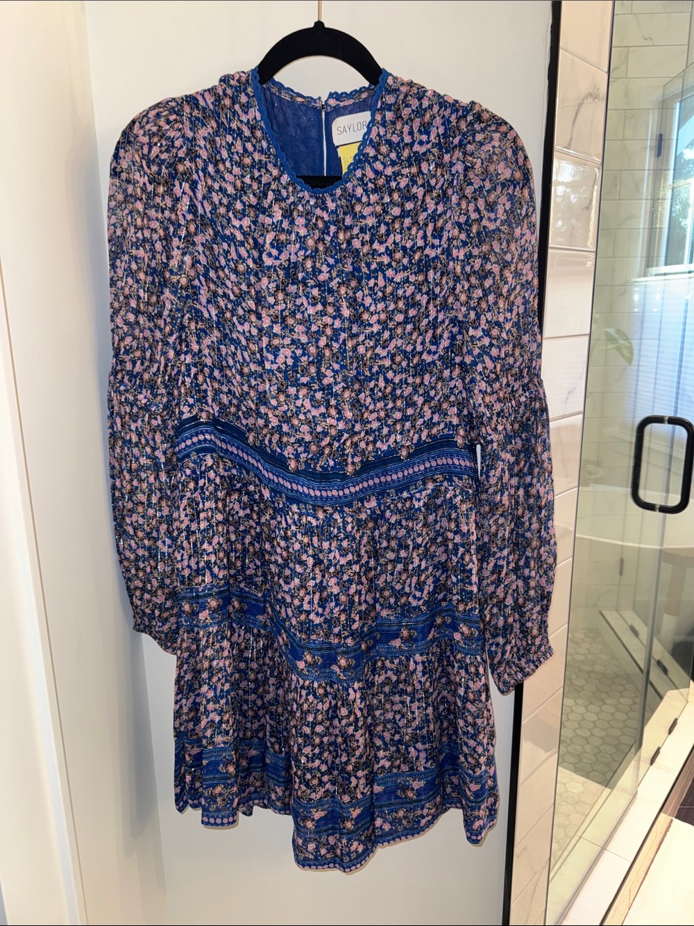 SAYLOR Blue and Pink Floral Long-Sleeve Tiered Mini Dress